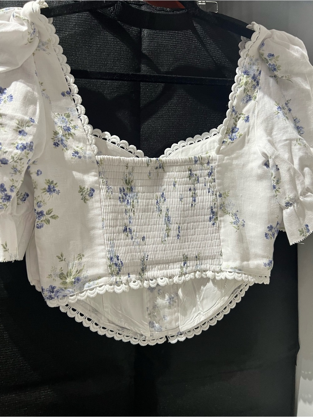 Reformation White Crop Blouse with Blue Floral Print - Picture 2 of 3
